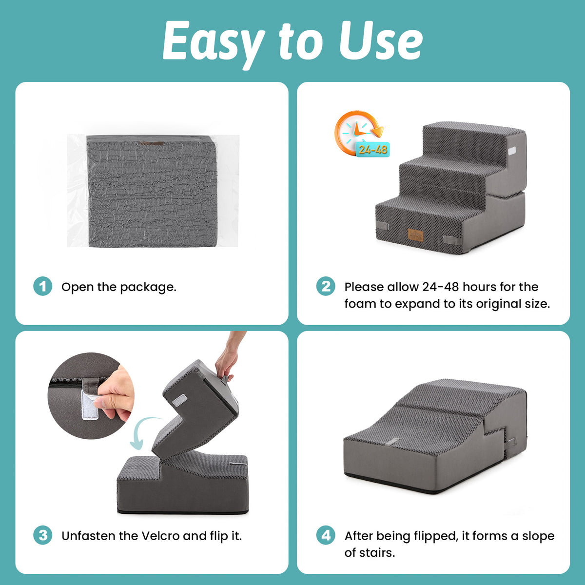 Cozy Kiss 3-step convertible pet stairs usage guide showing 4 easy steps: open package, allow 24-48 hours for foam expansion, unfasten Velcro and flip to convert stairs into a pet ramp slope.#color_Grey