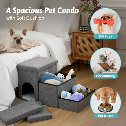 Cozy Kiss 3-Step Storage Pet Stairs with Play Condo spacious storage compartments and pet condo #color_Cream