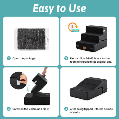 Cozy Kiss 3-step convertible pet stairs usage guide showing 4 easy steps: open package, allow 24-48 hours for foam expansion, unfasten Velcro and flip to convert stairs into a pet ramp slope.#color_Black