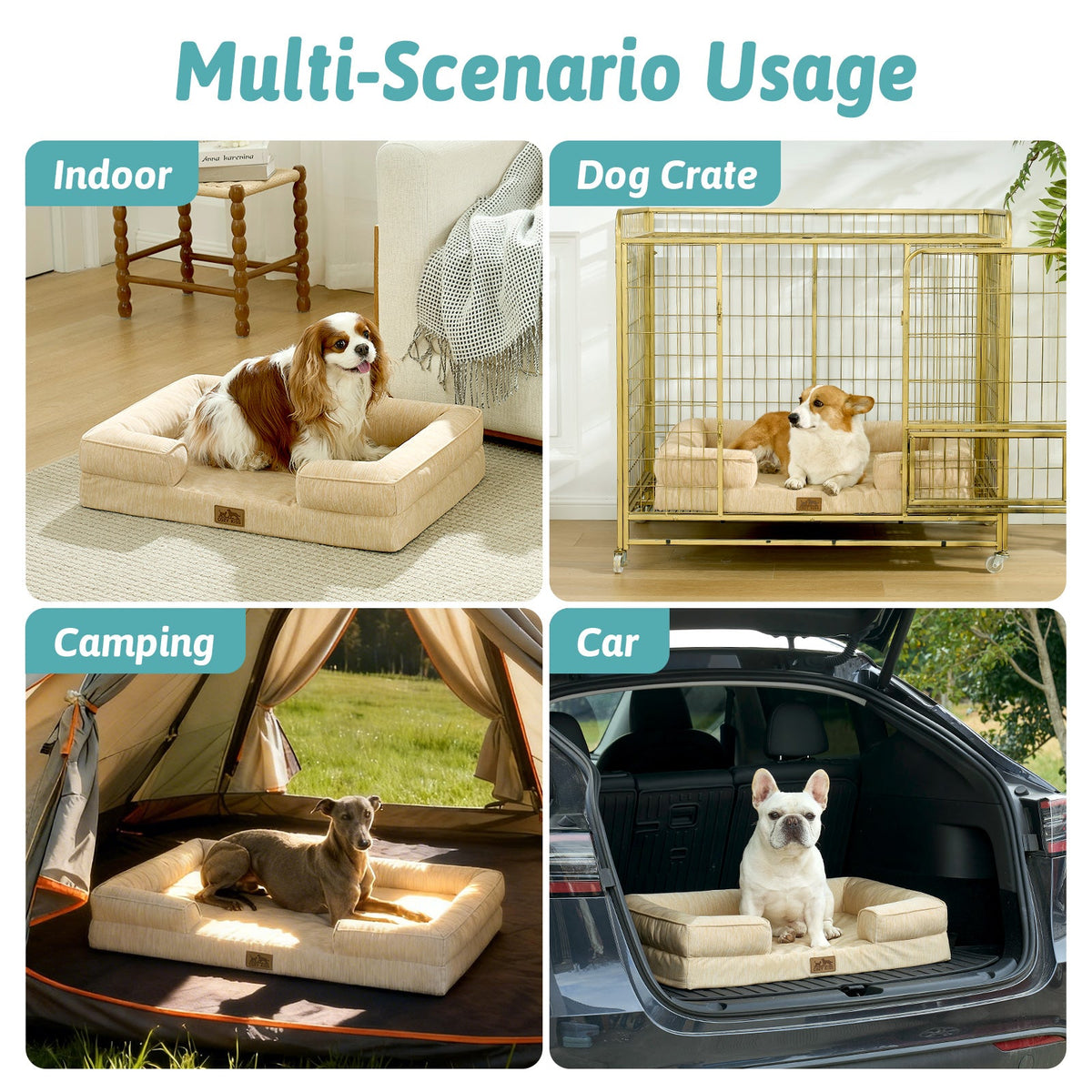Cozy Kiss dog bed used in various scenarios including indoor, dog crate, camping, and car.