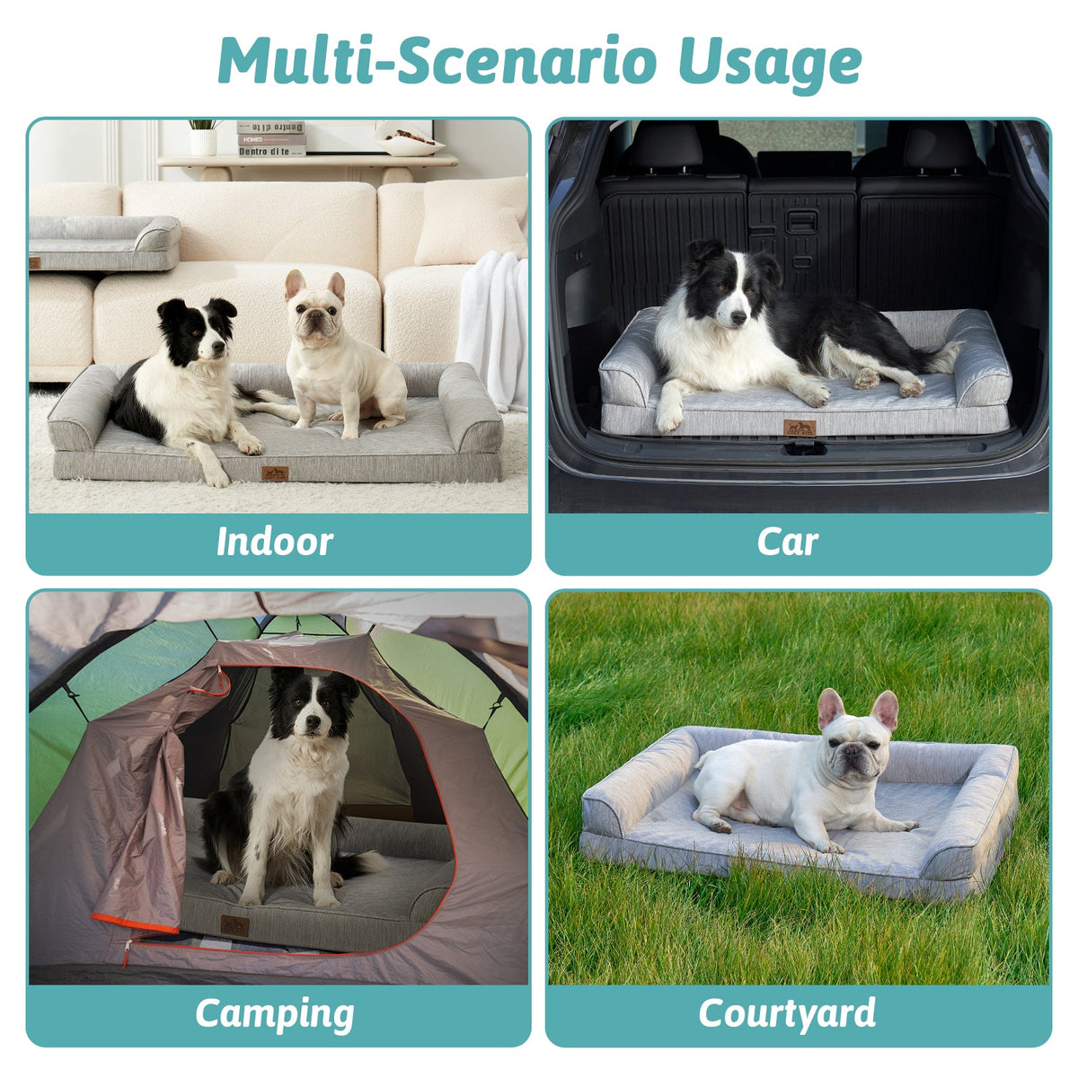 Cozy Kiss dog bed used in various scenarios including indoor, car, camping, and courtyard.