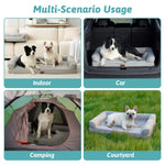 Cozy Kiss dog bed used in various scenarios including indoor, car, camping, and courtyard.