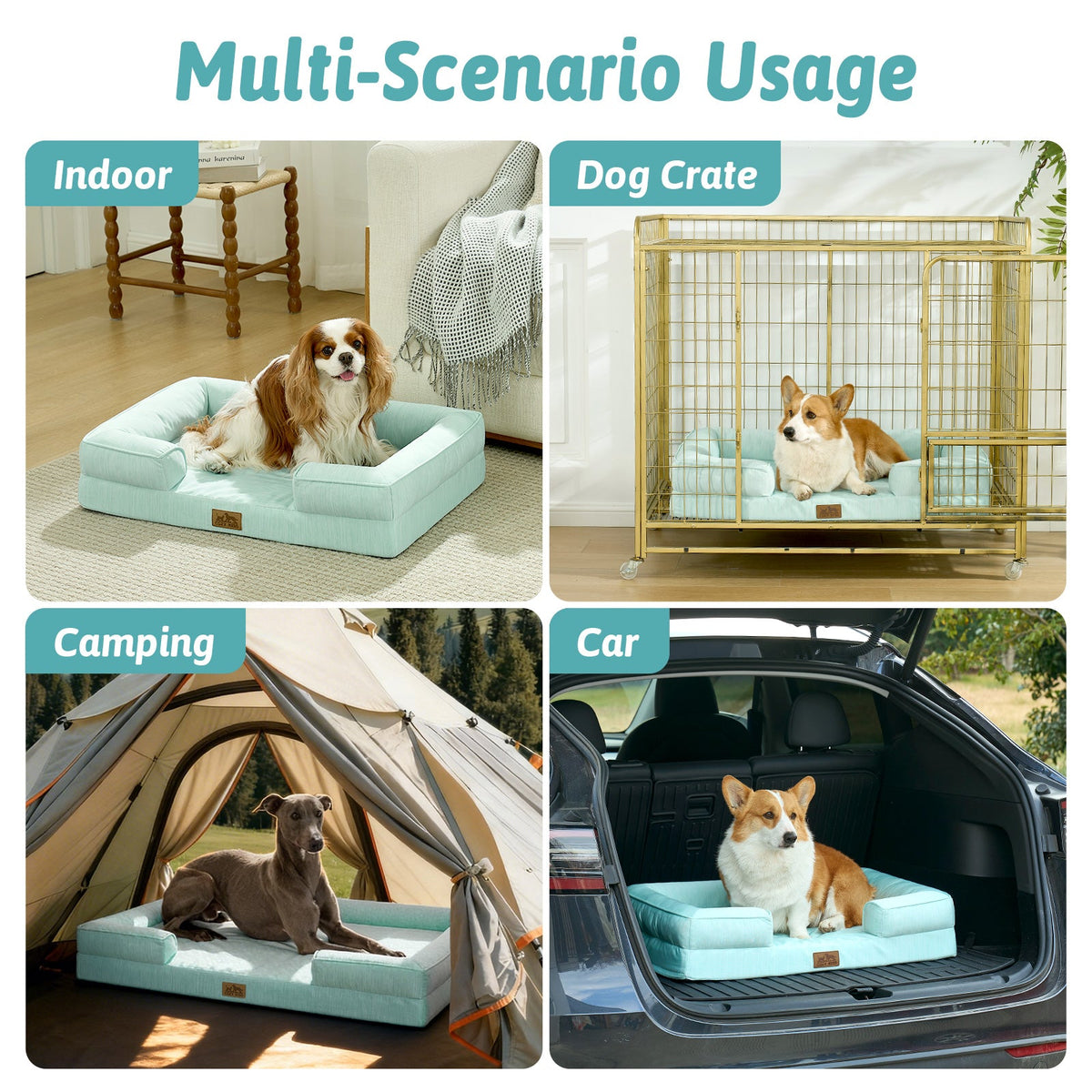 Cozy Kiss dog bed used in various scenarios including indoor, dog crate, camping, and car.