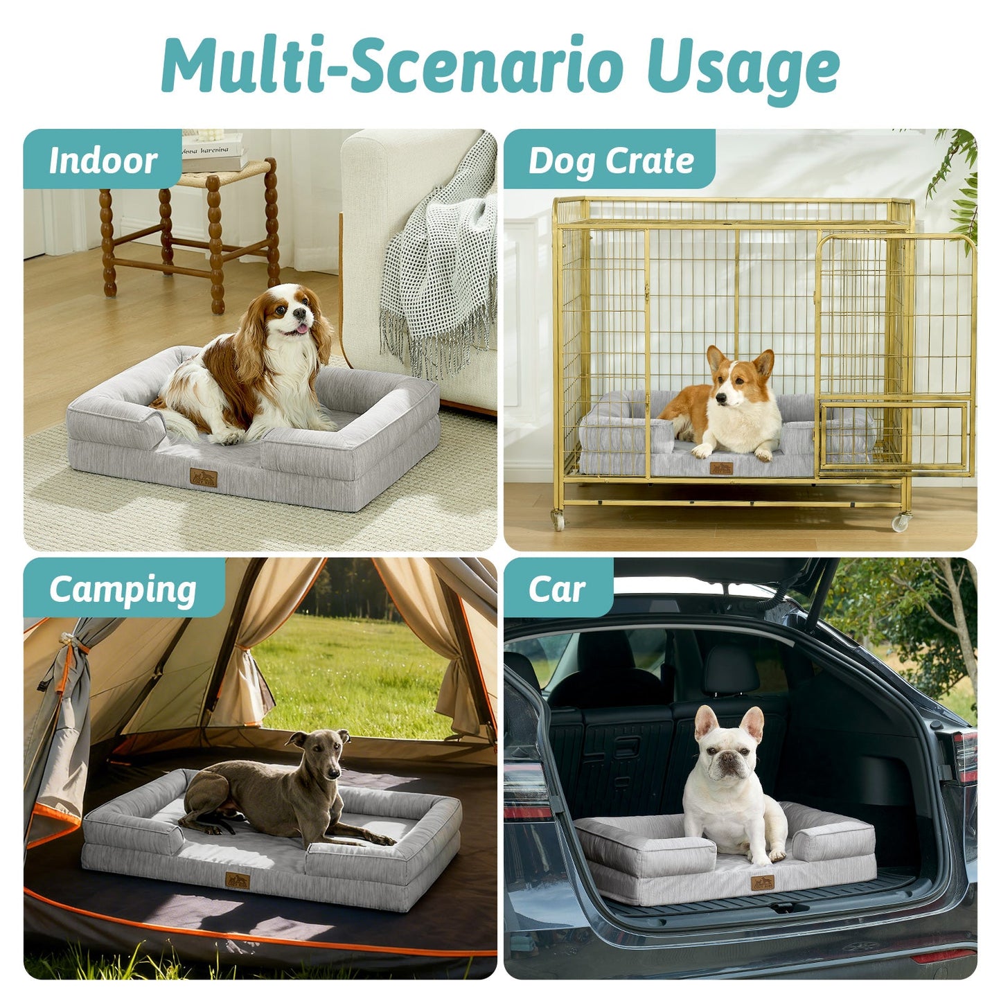 A dog bed used in various scenarios, including indoor, dog crate, camping, and car. #color_Grey