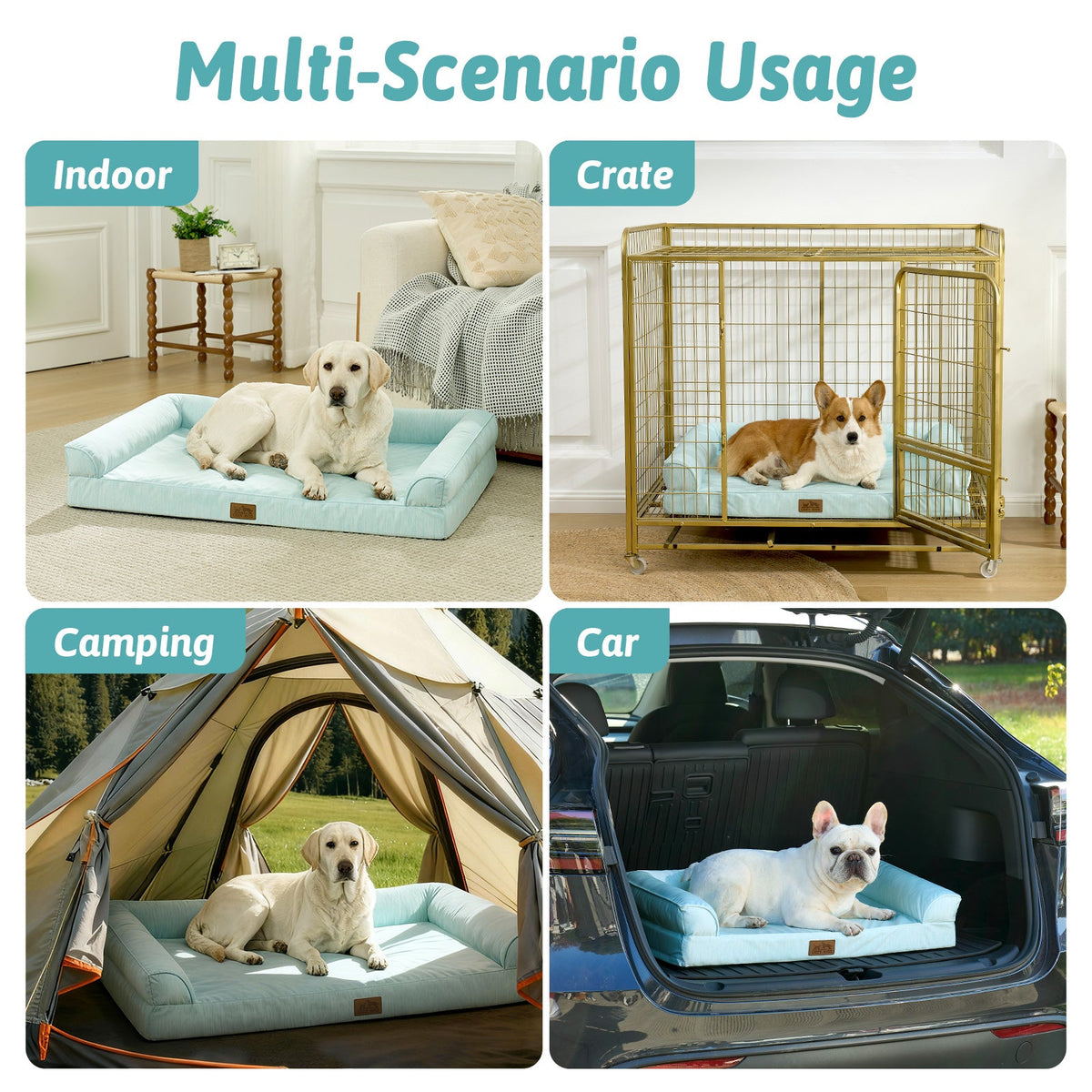 Cozy Kiss dog bed used indoors, in a crate, for camping, and in a car.