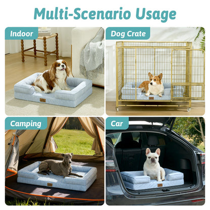 Dog bed used in various scenarios including indoor, dog crate, camping, and car.#color_Sky Blue