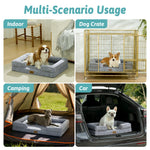 Cozy Kiss dog bed used in various scenarios including indoor, dog crate, camping, and car.