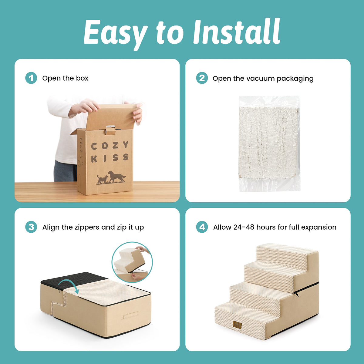 Cozy Kiss foldable pet stairs installation guide with zipper assembly design 