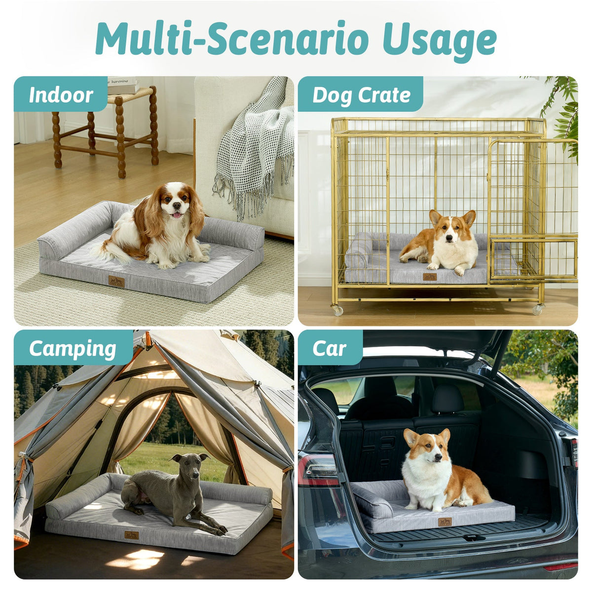 Cozy Kiss dog bed used in various scenarios including indoor, dog crate, camping, and car.