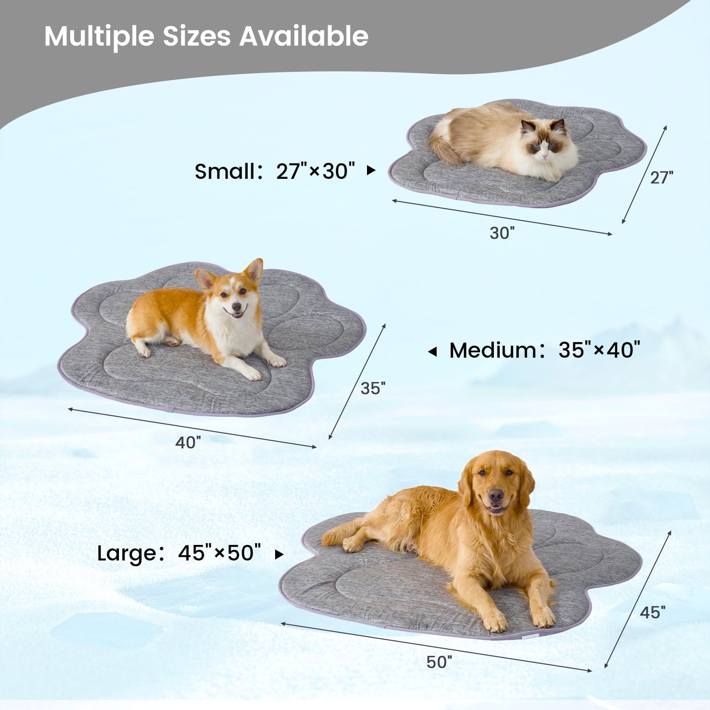 Pet mats of different sizes with dogs for scale.#color_Dark Grey