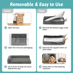 Care guide for the Cozy Kiss Striped Faux L-Shaped Washable Dog Bed, showing setup, foam removal and machine washing. 