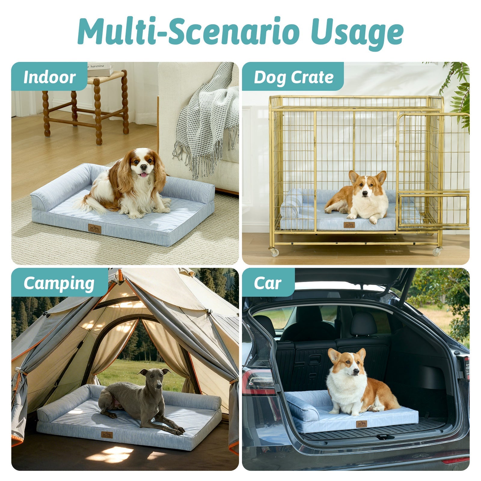 Dog bed used in various scenarios including indoor, dog crate, camping, and car.#color_Sky Blue