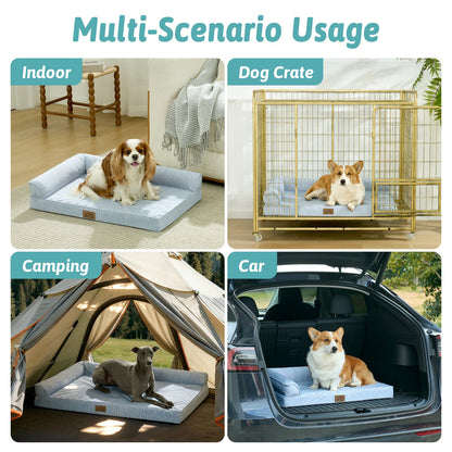 Dog bed used in various scenarios including indoor, dog crate, camping, and car.#color_Sky Blue