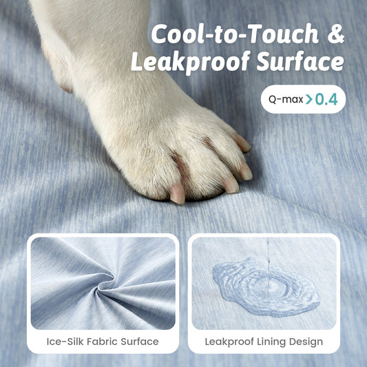 Dog paw on Cozy Kiss textured fabric surface with text about cool-to-touch and leakproof design.#color_Sky Blue