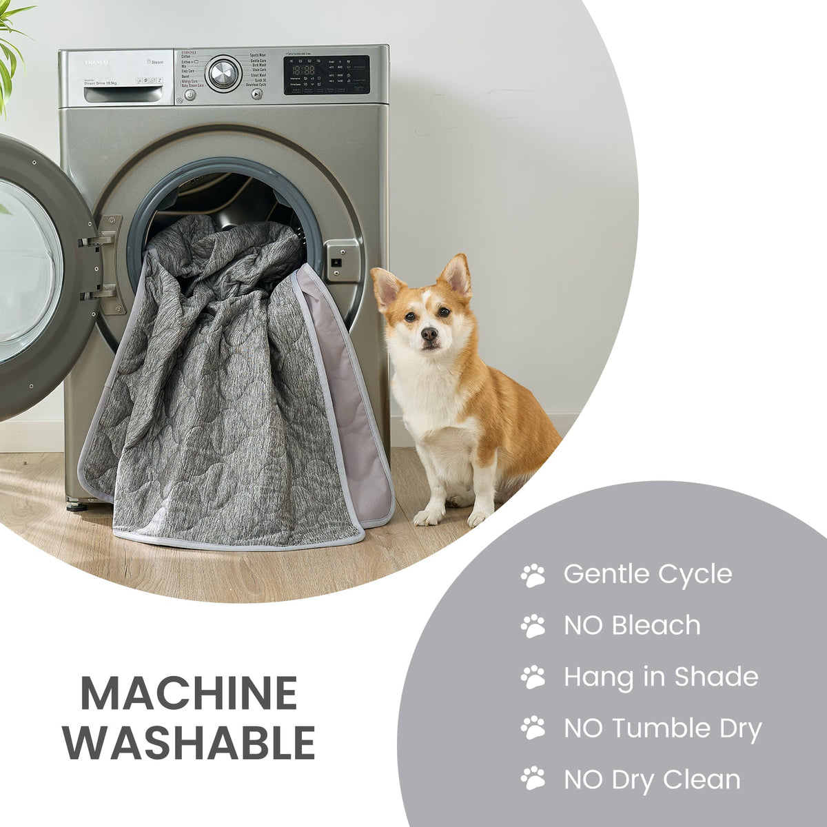 Machine washable cooling blanket for pets with washing instructions for easy care at home.