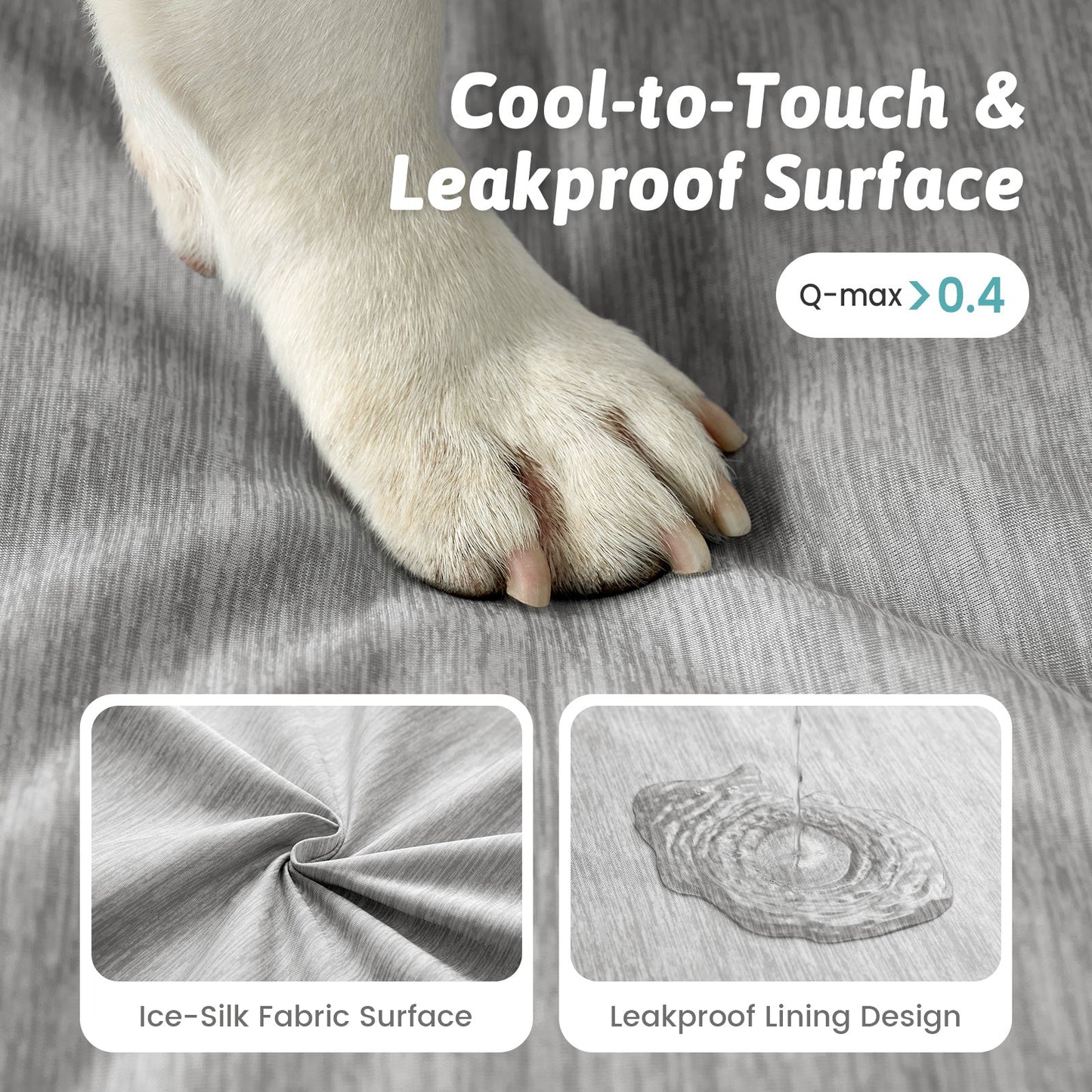 Dog paw on a textured surface with text about cool-to-touch and leakproof design.#color_Grey