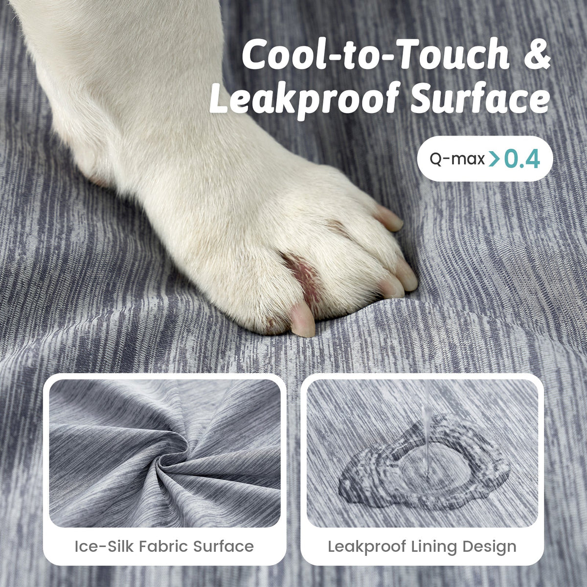 Dog paw on Cozy Kiss textured surface with text about cool-to-touch and leakproof design.