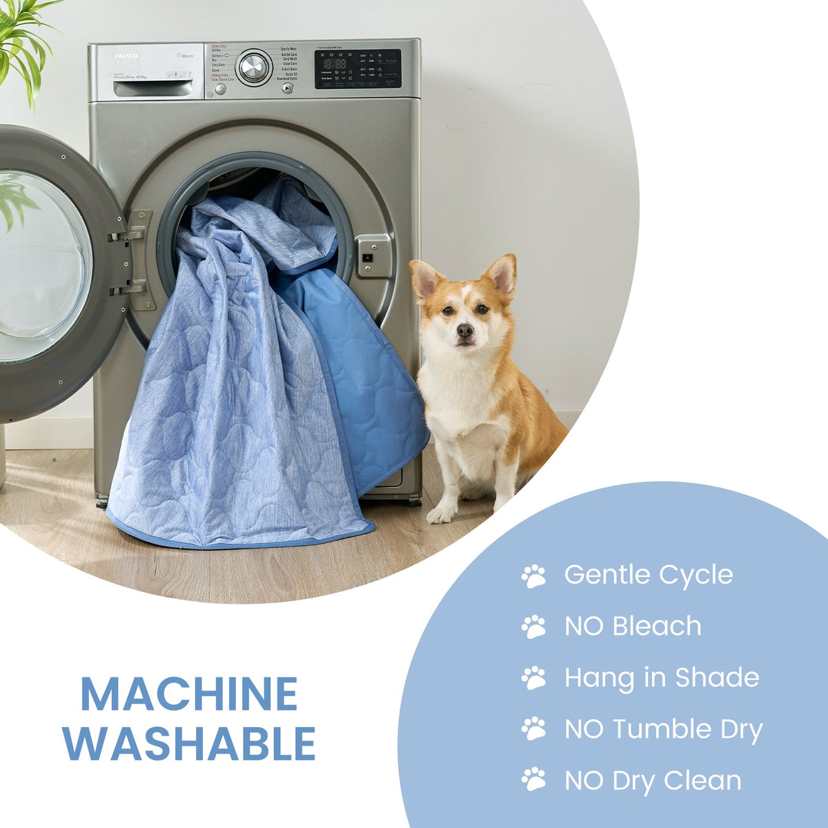 Machine washable cooling blanket for pets with washing instructions for easy care at home.