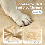 Dog paw on Cozy Kiss pet bed fabric with text about cool-to-touch and leakproof surface