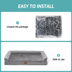 Easy-install guide for the Cozy Kiss grey scratch-resistant dog bed showing compressed packaging being unpacked