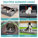 Multi-scenario guide for the Cozy Kiss scratch-resistant dog bed in grey, used indoor, in car, camping and courtyard