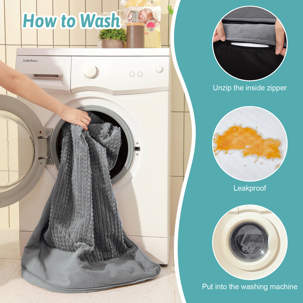 How-to-wash steps for the Cozy Kiss machine-washable dog bed in grey with removable zipper and leakproof liner