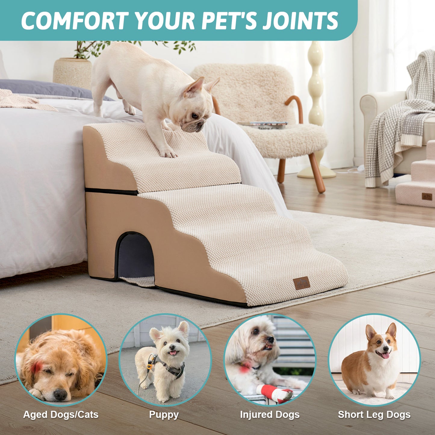 5-Step Foldable Curved Pet Stairs with Play Condo