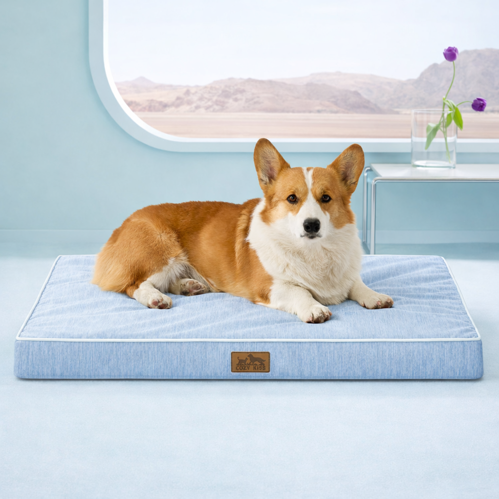 Front view of corgi lying on a blue dog bed with a scenic window in the background