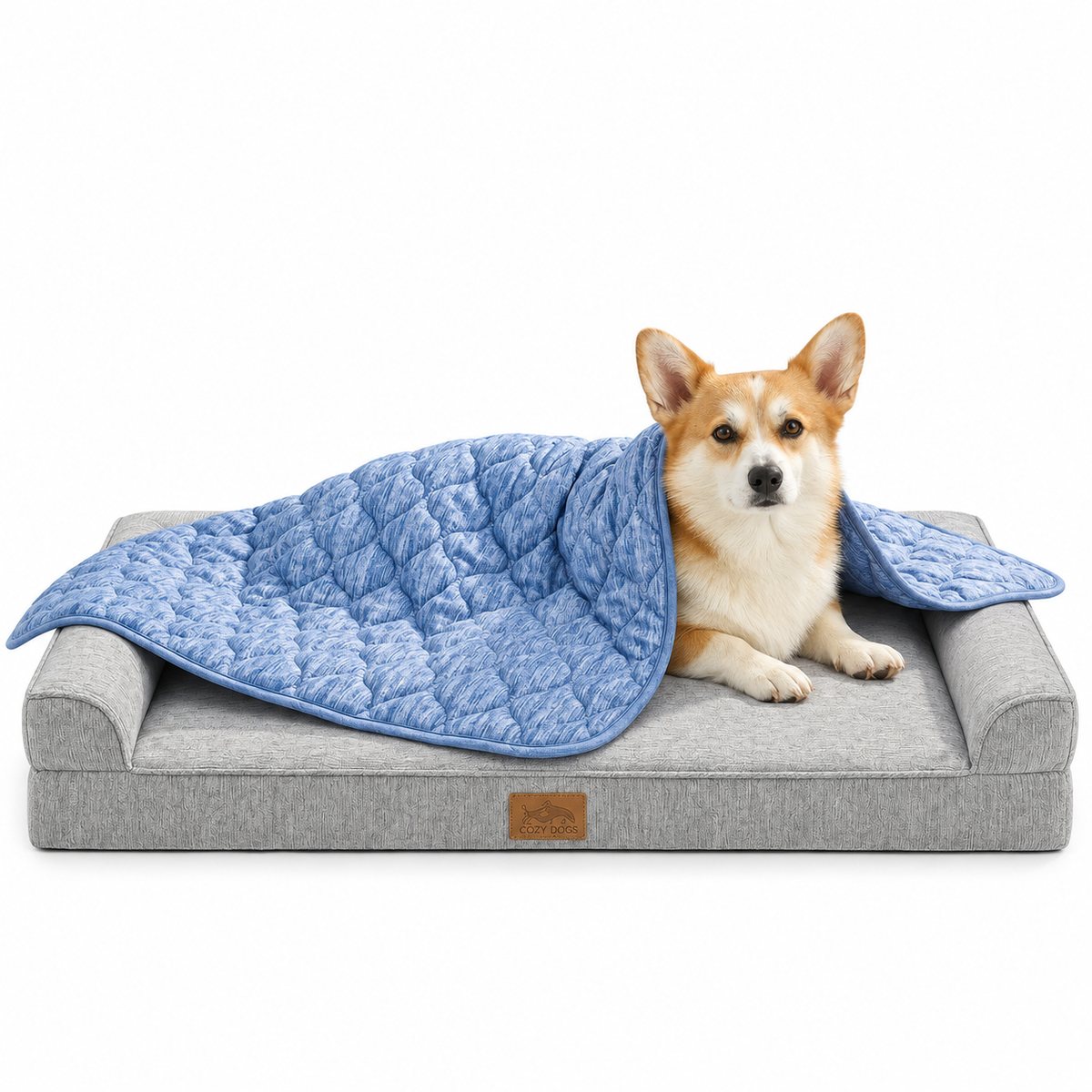 Cozy Kiss pet cooling blanket front view with Dog sitting on it. 